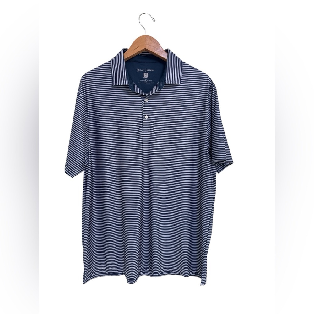 NWT Hickey Freeman Men's Short Sleeve Polo Purple & Blue Stripe Shirt Size Large